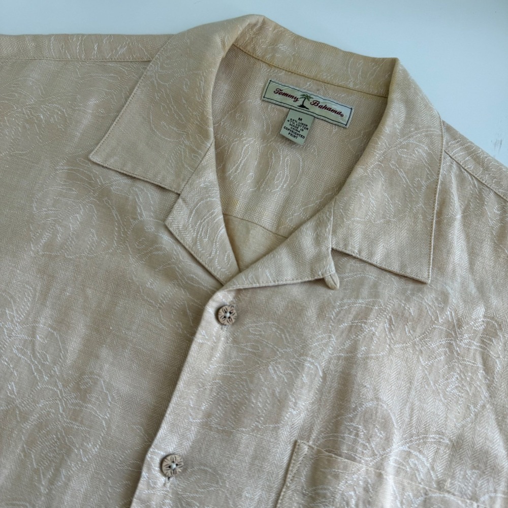 Tommy Bahama Mens Medium Linen Cotton Palm Leaf Camp Shirt Tan Short Sleeve